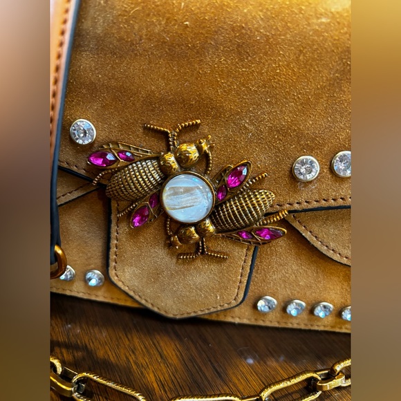 *SOLD** Yellow Suede Bag with Pink Crystal bug Embellishment - Picture 2 of 12